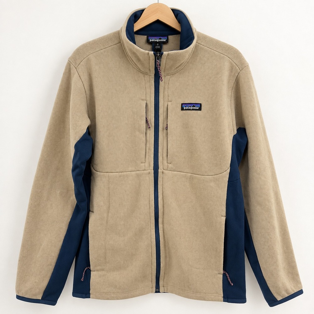 Patagonia Men Medium Better Sweater Hybrid Fleece Jacket Tan Blue Panel Knit